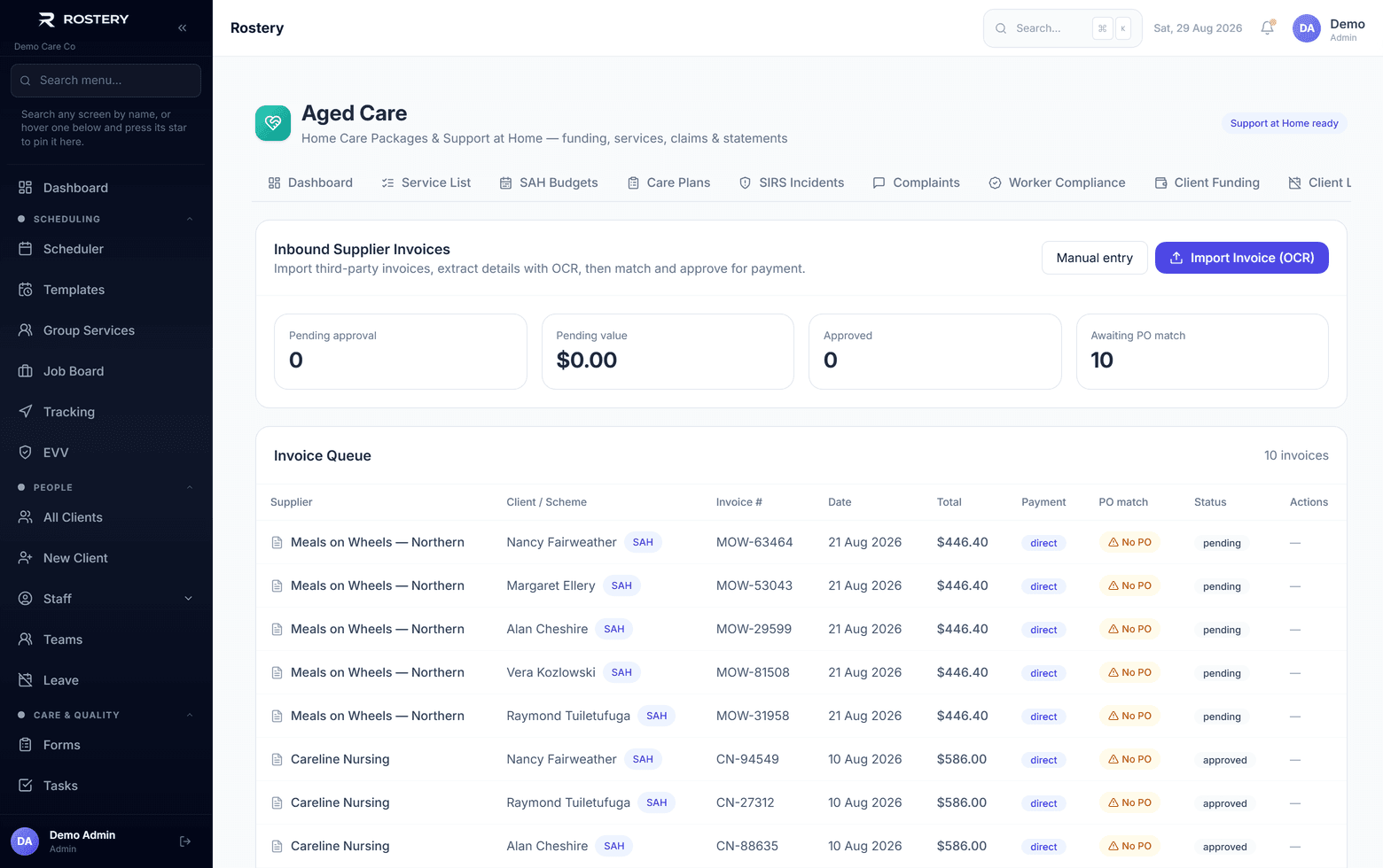 Supplier invoices matched to purchase orders