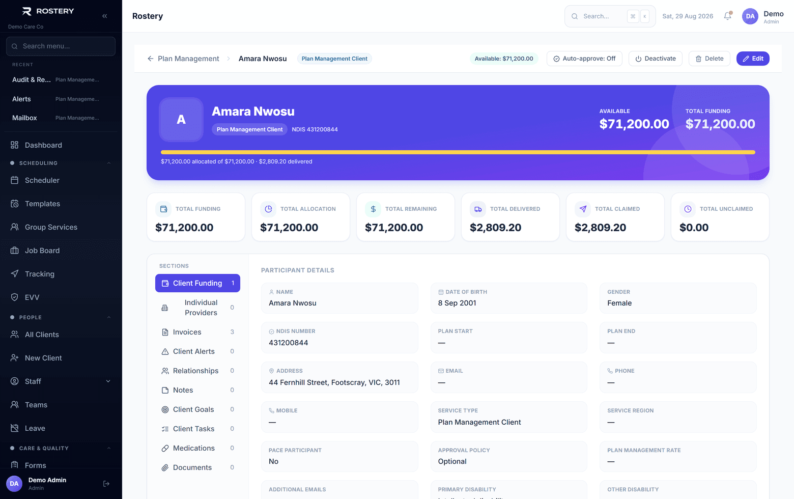 A participant record — plan, funding lines, invoices and statements together