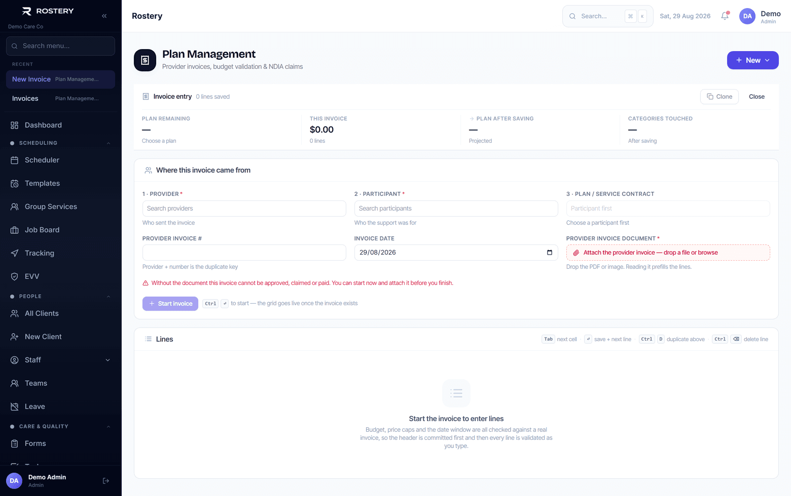 Entering an invoice — support items, dates and quantities validated as you type