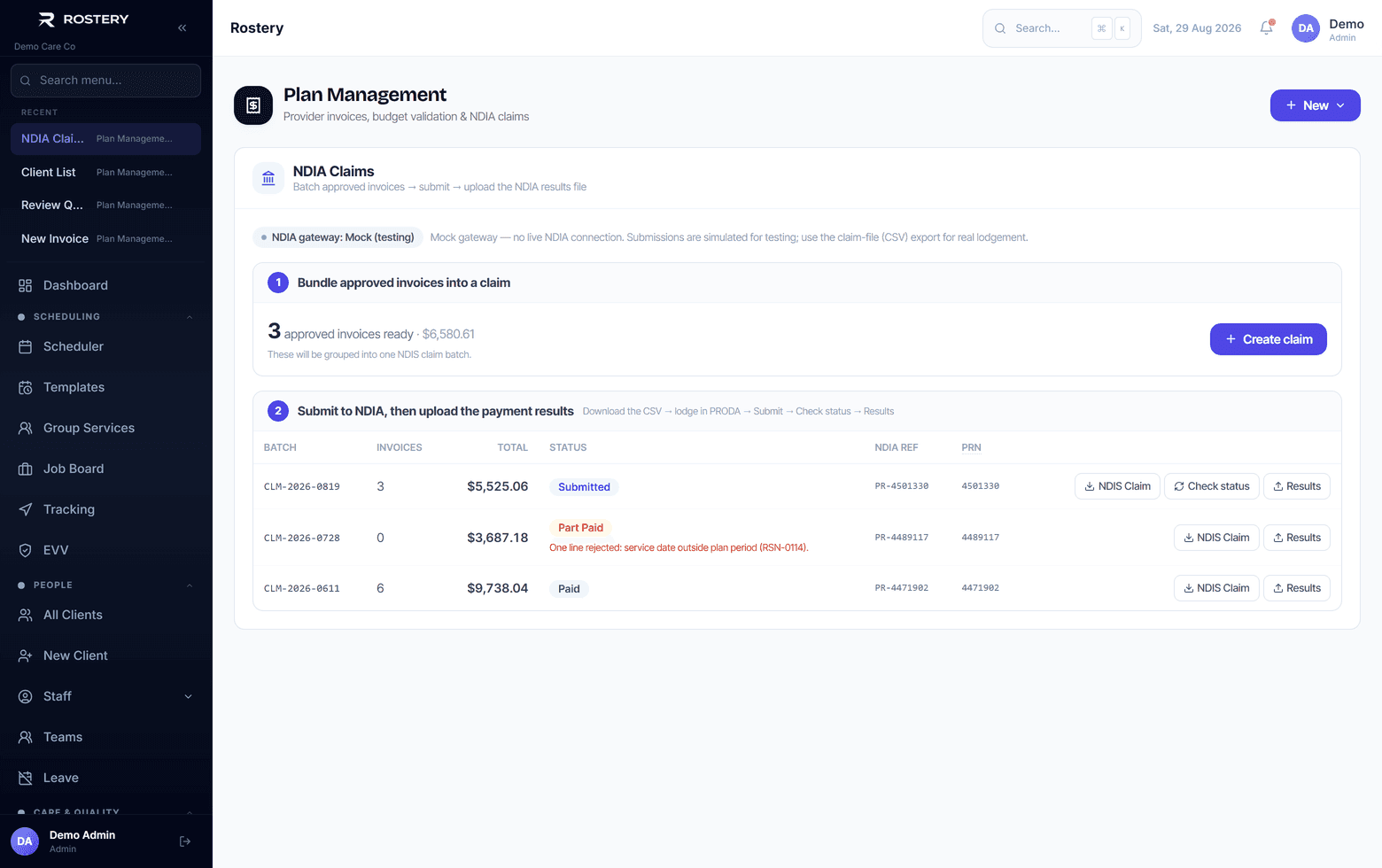 Claim batches with their payment request numbers and outcomes