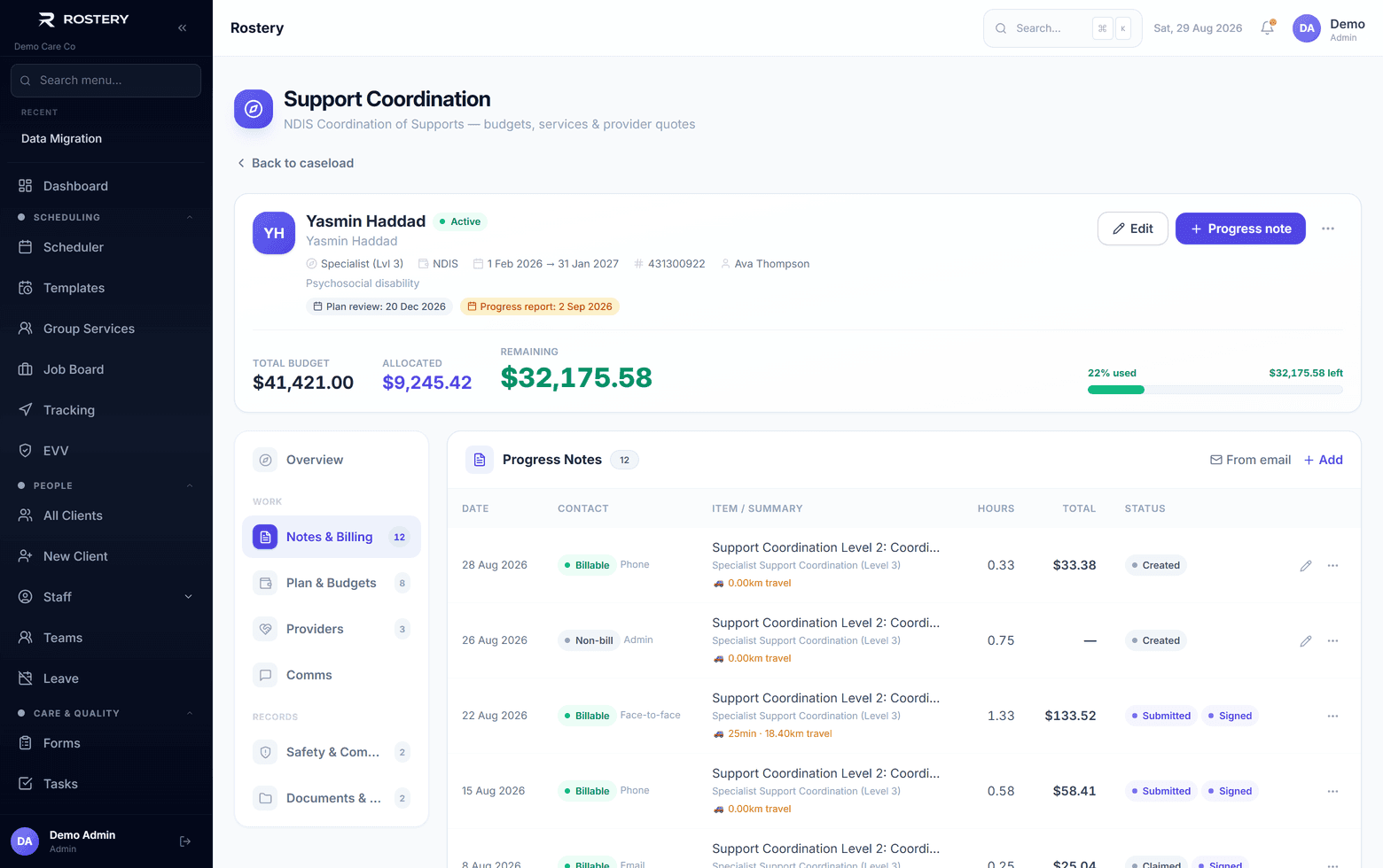 Case notes are the billing unit — each one priced as it is written