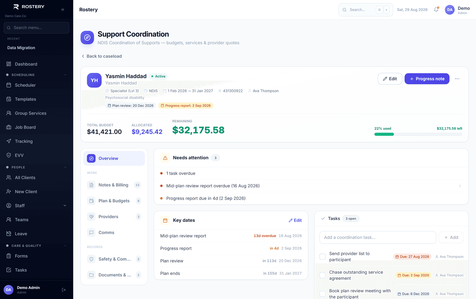 A single engagement: goals, key dates, budget and recent contact