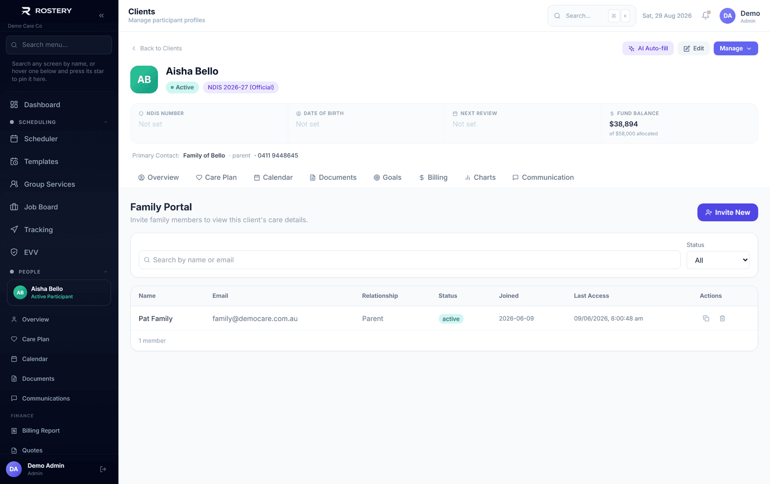 Participant and family portal in Rostery