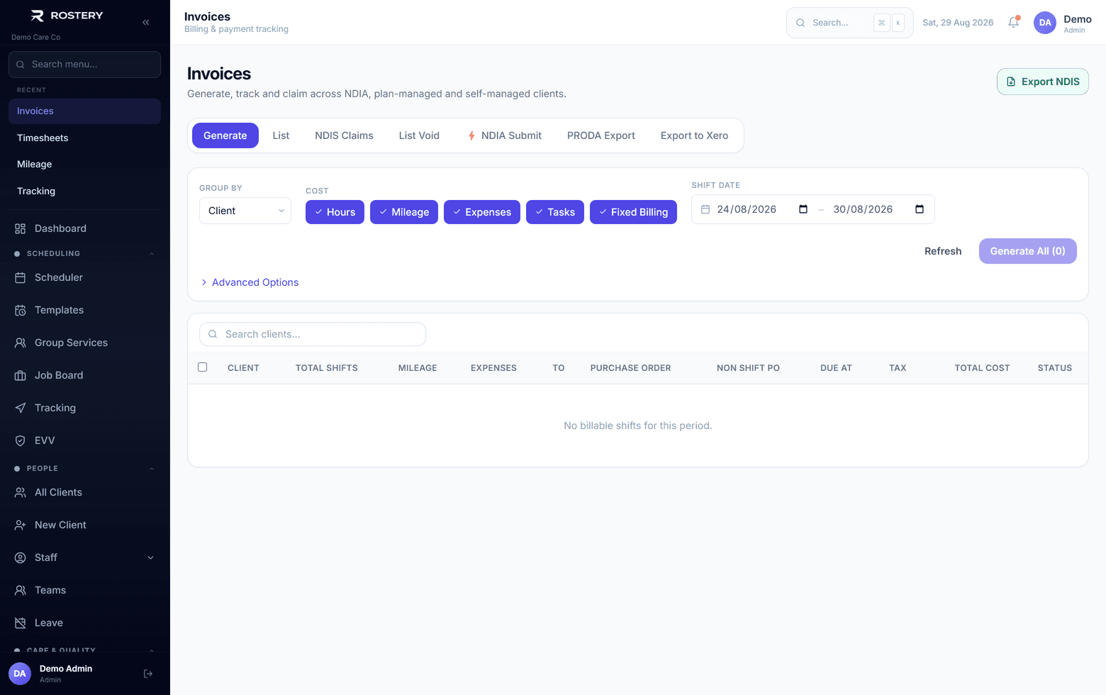 NDIS invoicing and bulk claims in Rostery