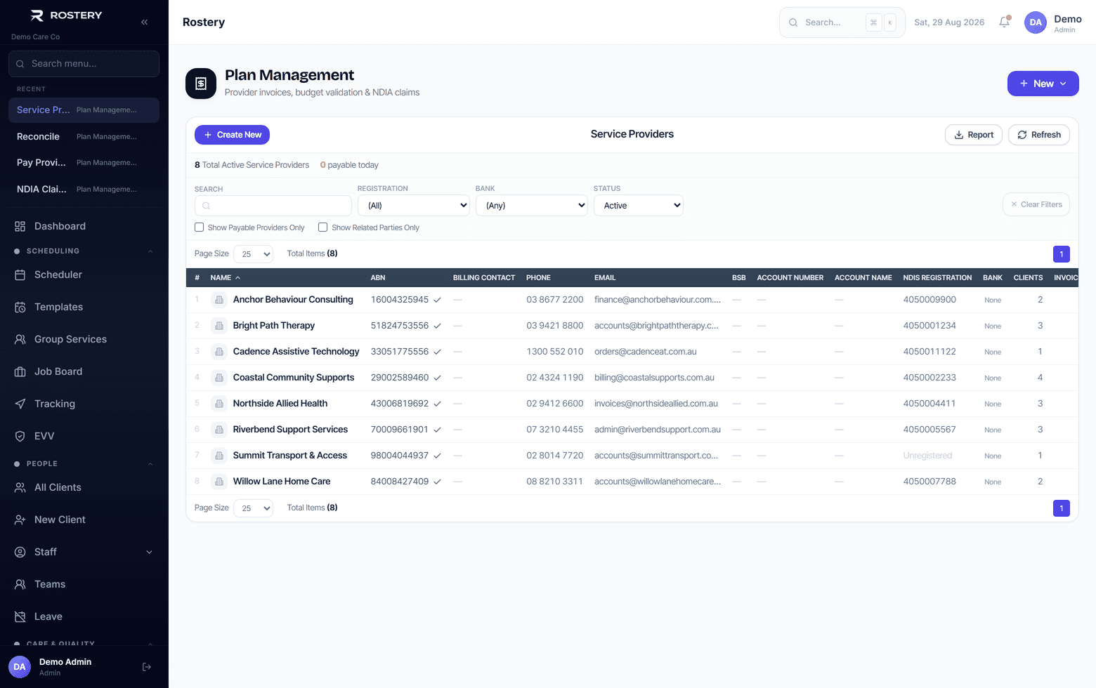 The provider register, with ABN and bank verification recorded