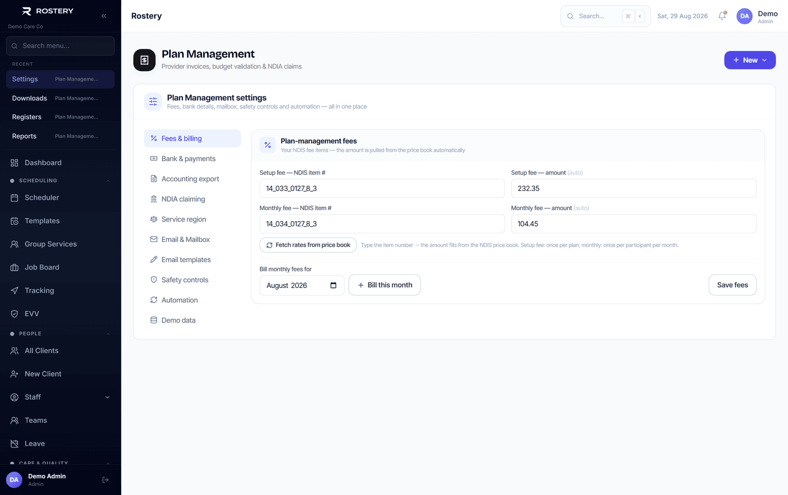 Plan management fee items and claiming configuration
