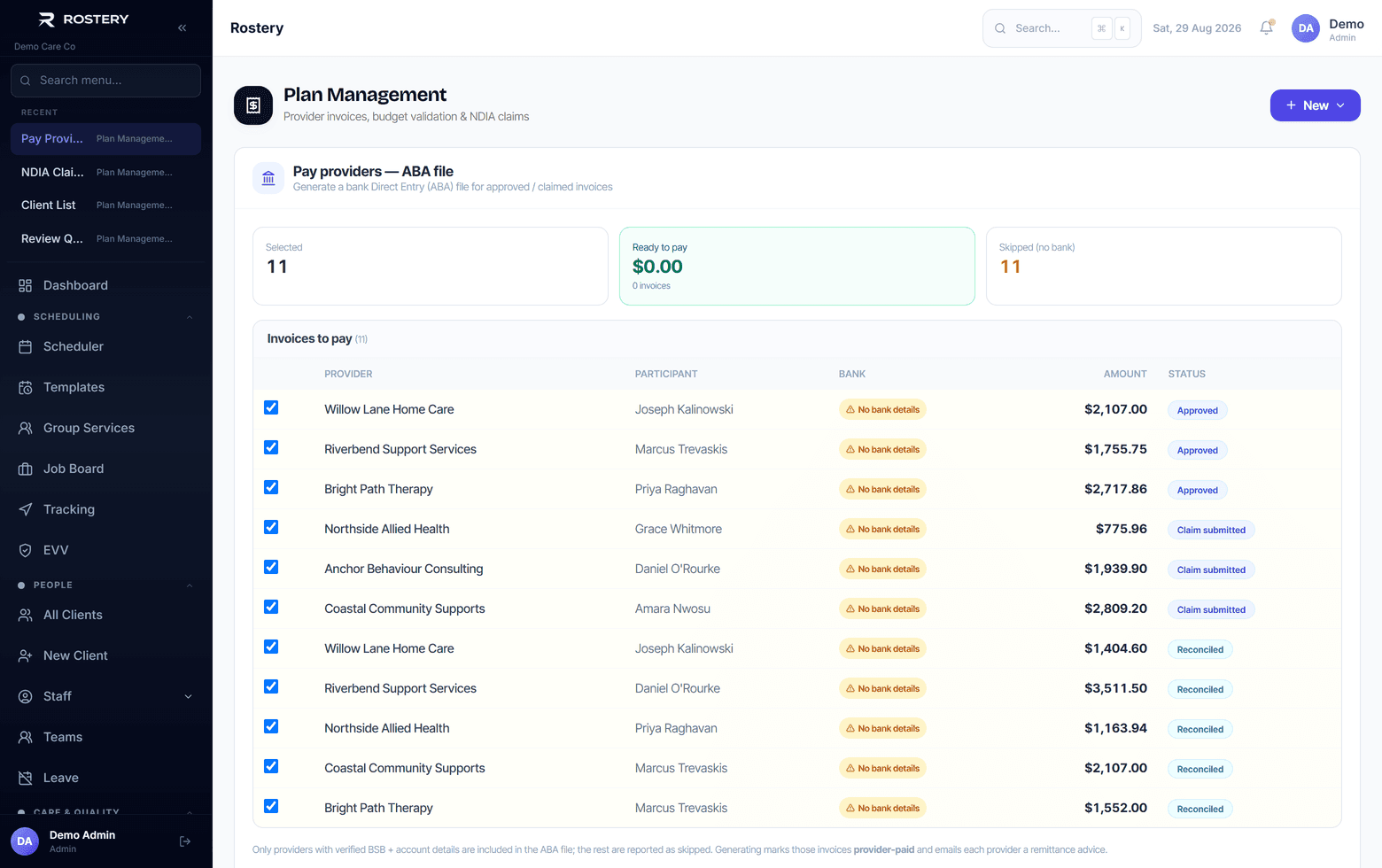 Payment batches built from approved invoices, ready for the bank file