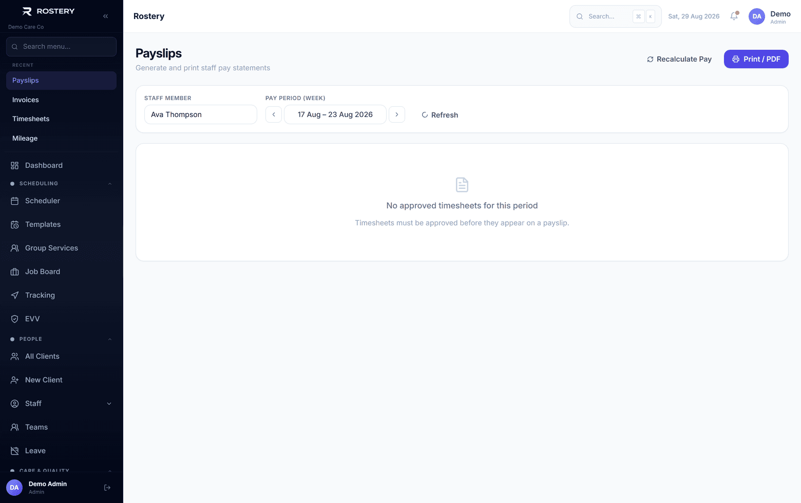 SCHADS pay and timesheets in Rostery