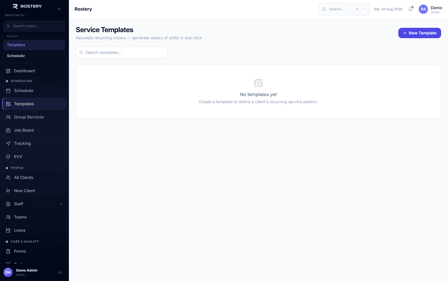 Recurring service patterns saved once and generated into real shifts