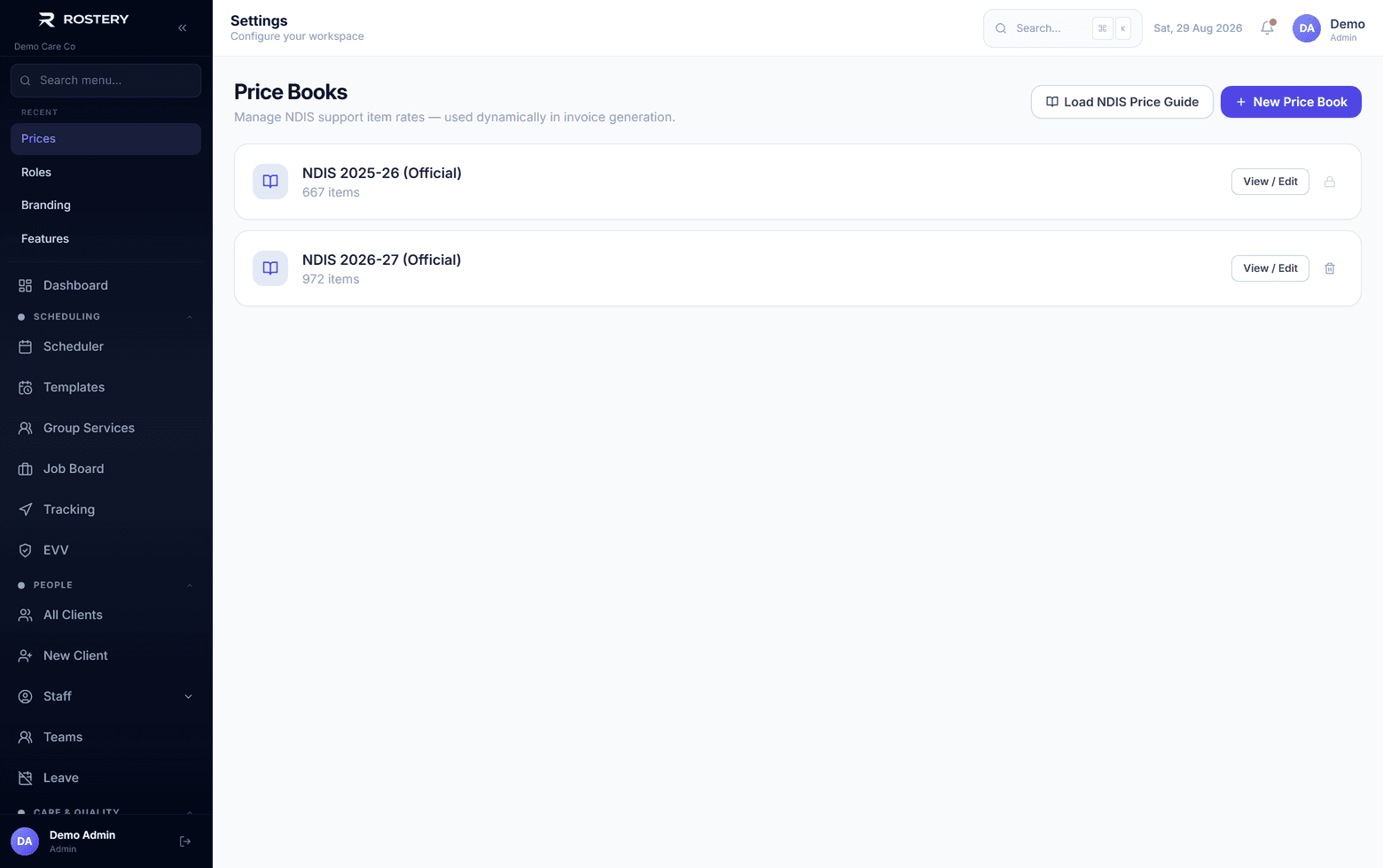 Service definitions and the price book they resolve against