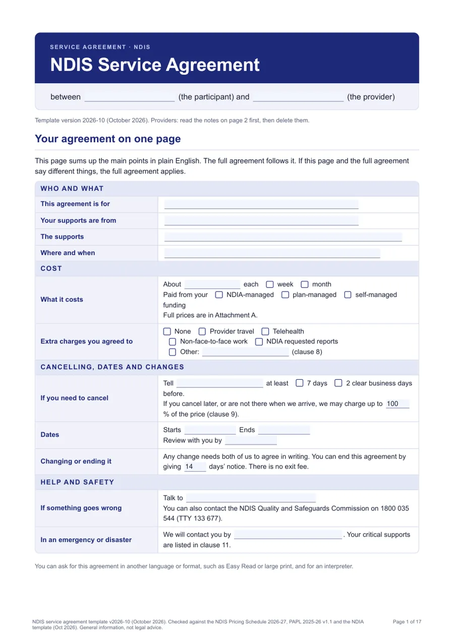 Page 1 of the NDIS service agreement template: the plain-English summary