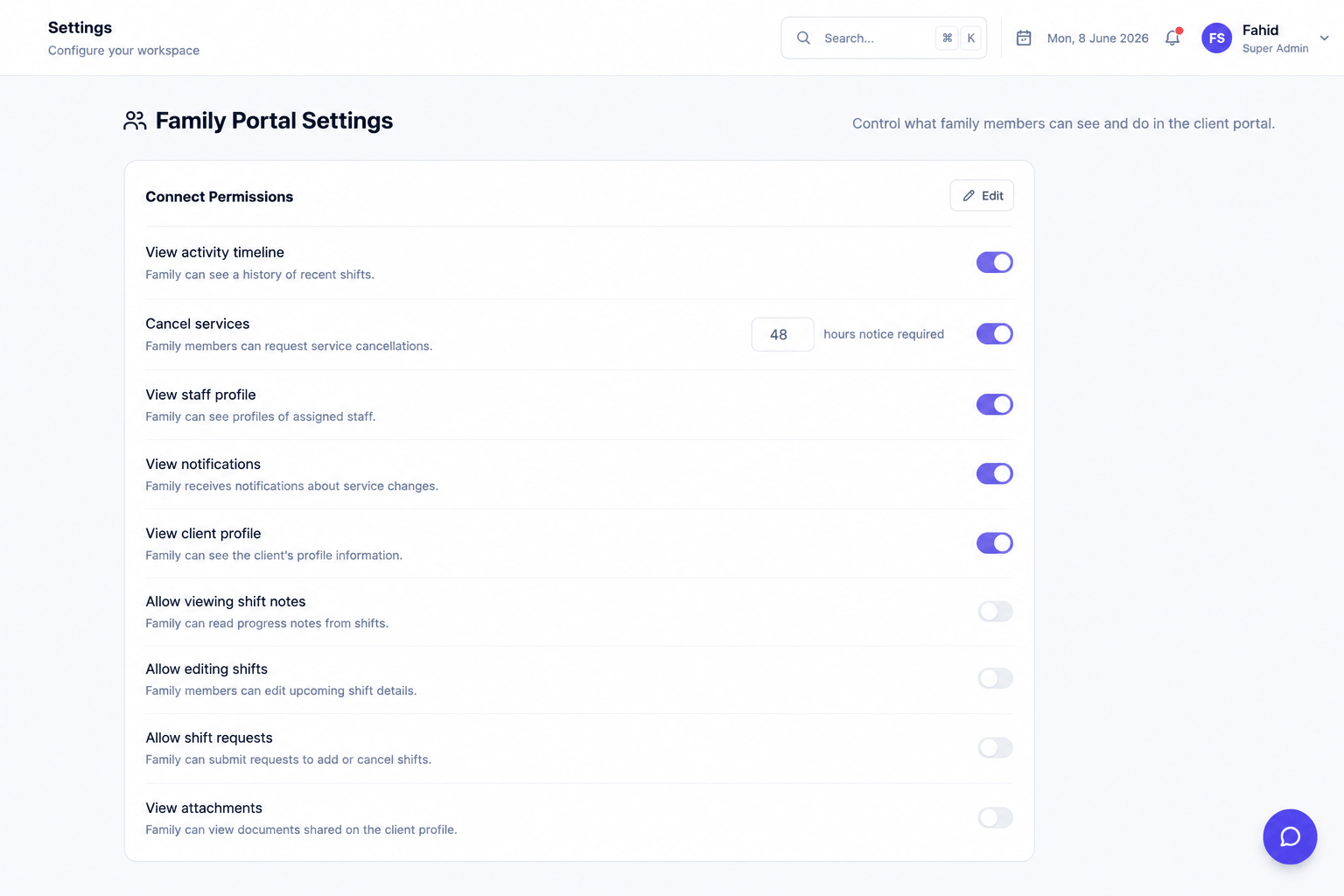 Family portal settings & permissions
