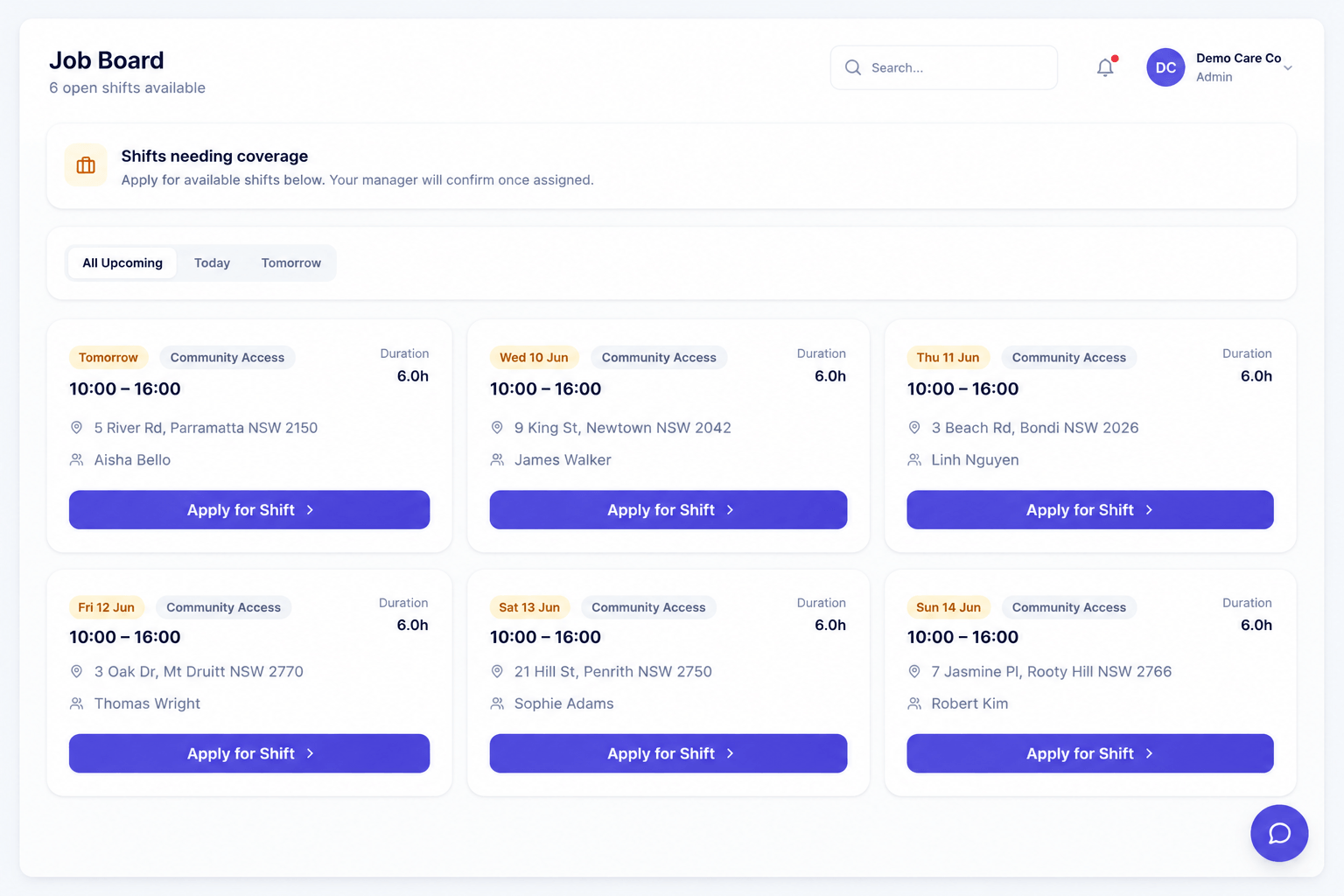 The job board — open shifts workers can claim