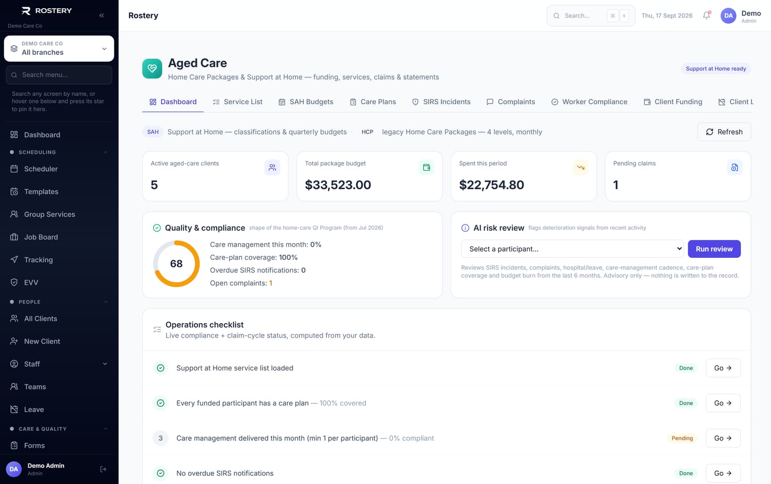 Aged Care Dashboard in Rostery