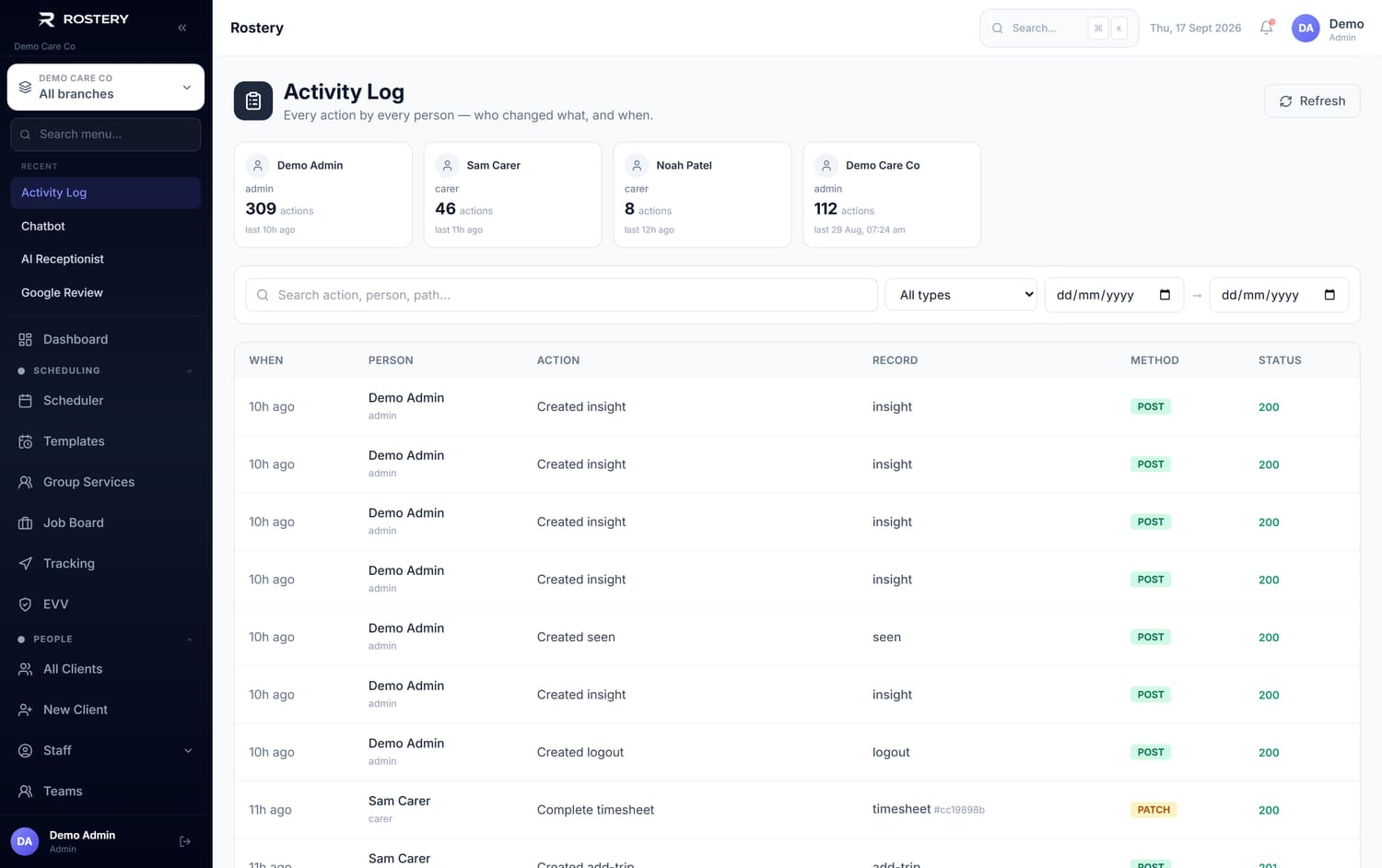 Activity Log in Rostery