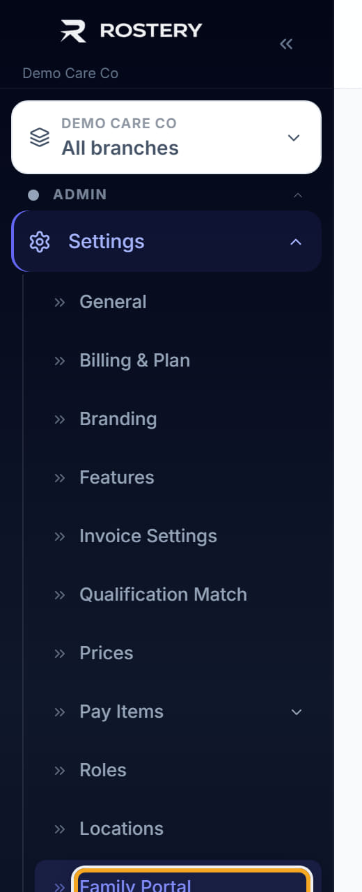 Family Portal Settings, step 1