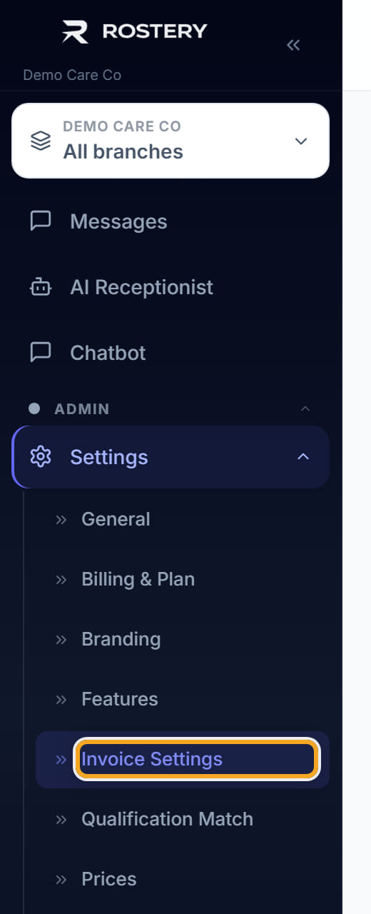 Invoice Settings, step 1