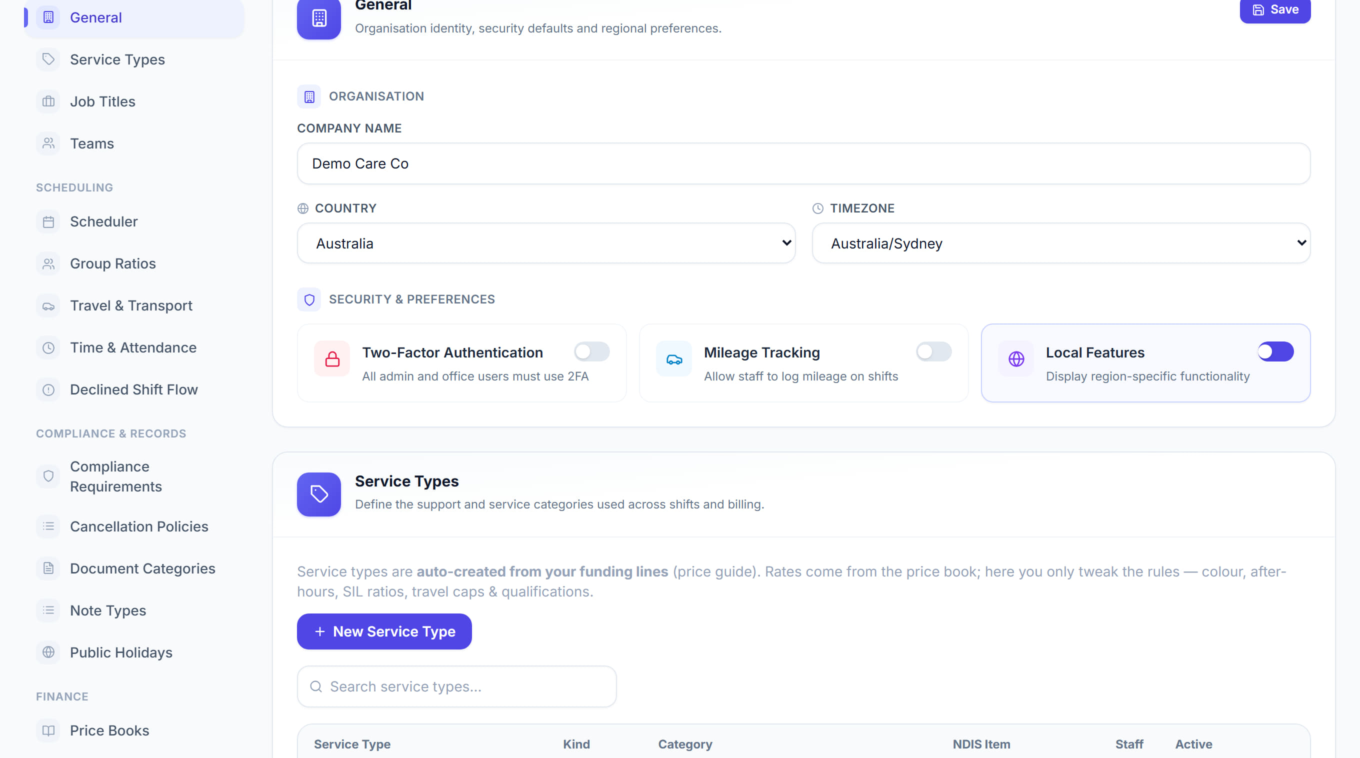 Organisation details and preferences in Rostery