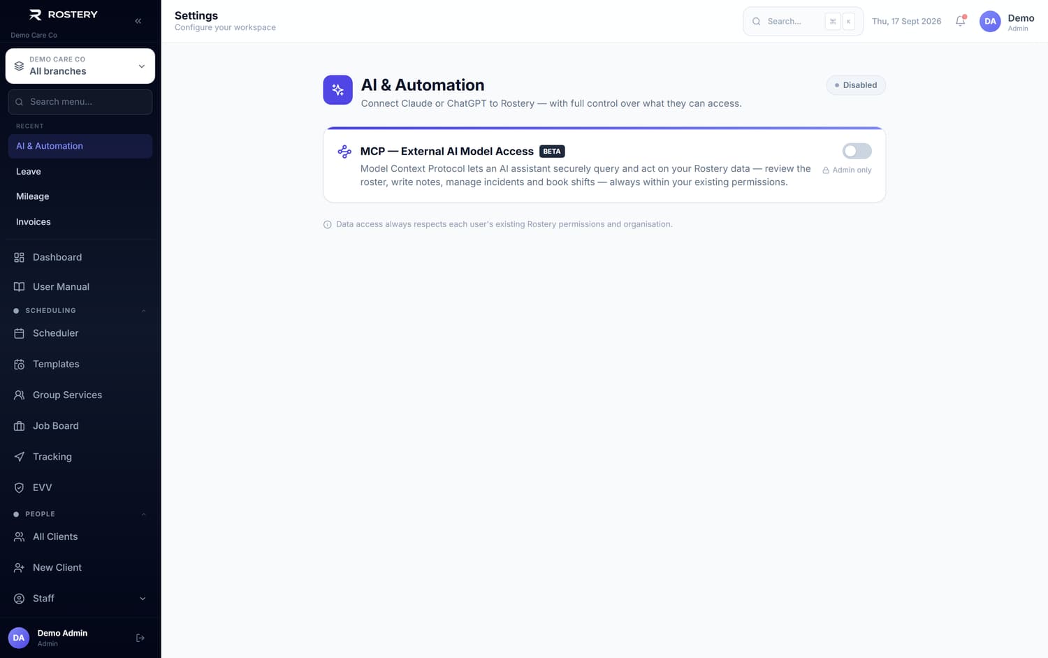 Connect Claude or ChatGPT to Rostery — ai settings