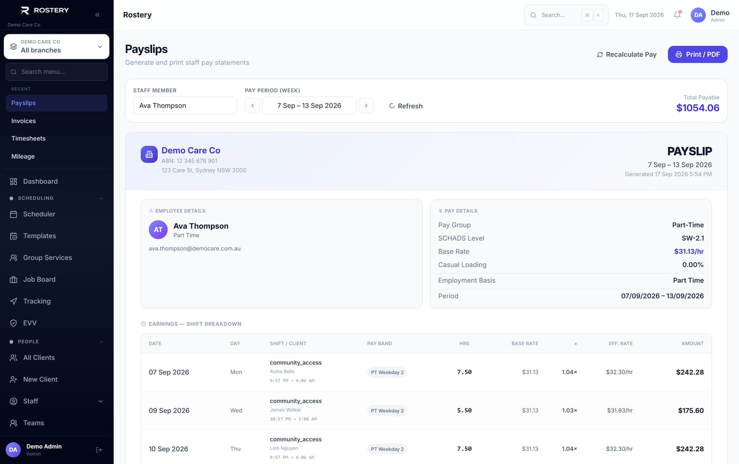 Payslips in Rostery