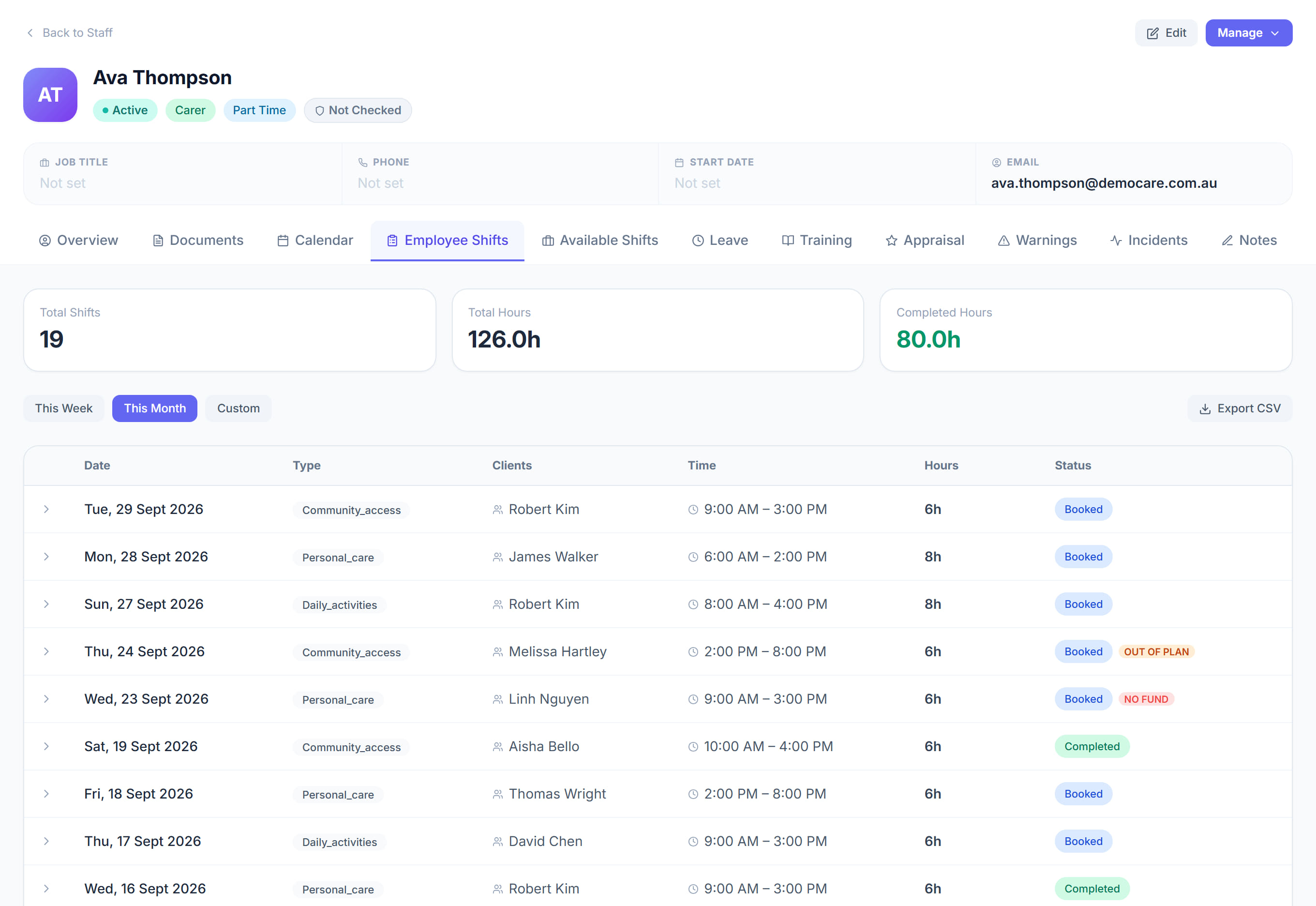 Employee Shifts in Rostery