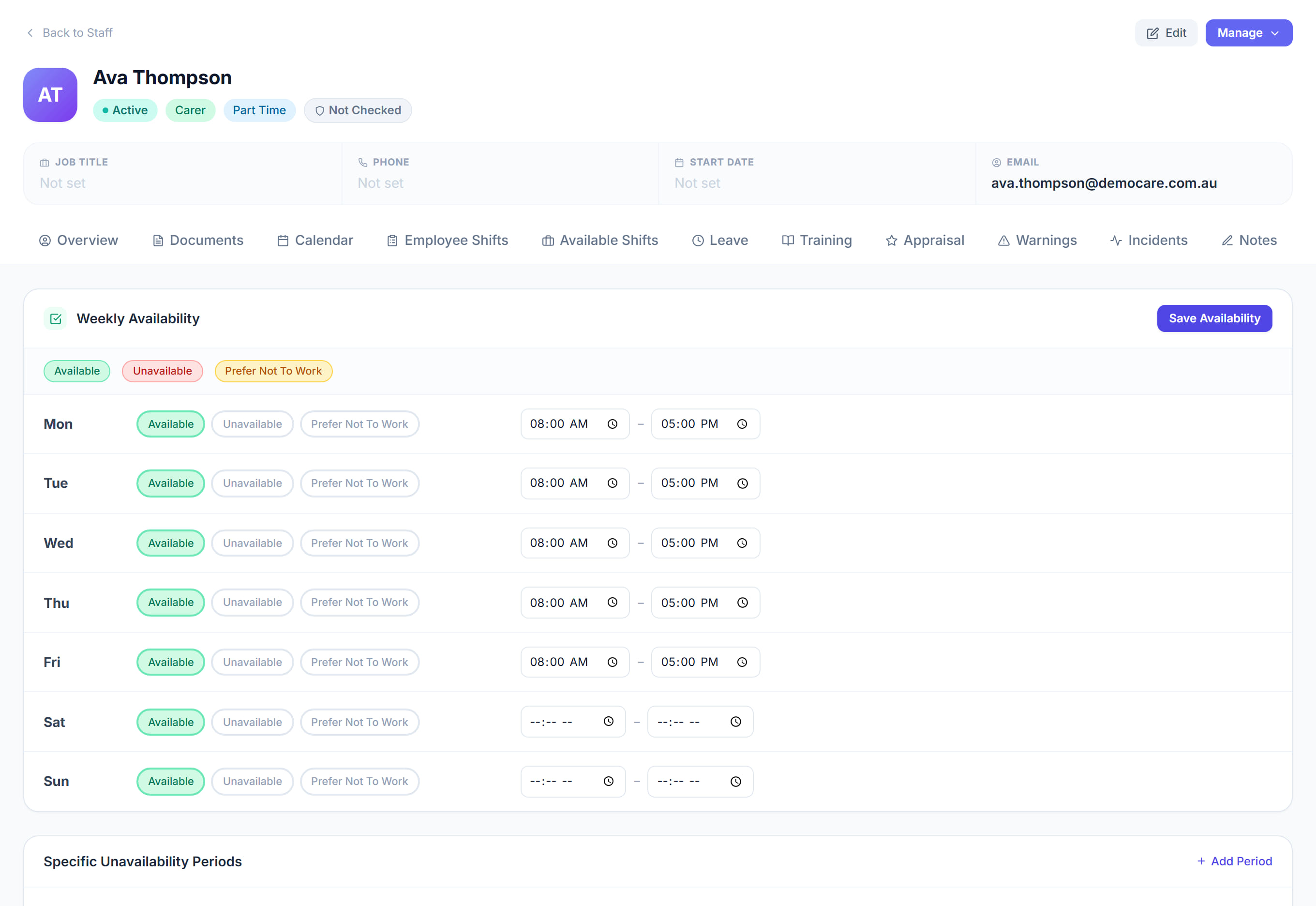 Staff Availability in Rostery