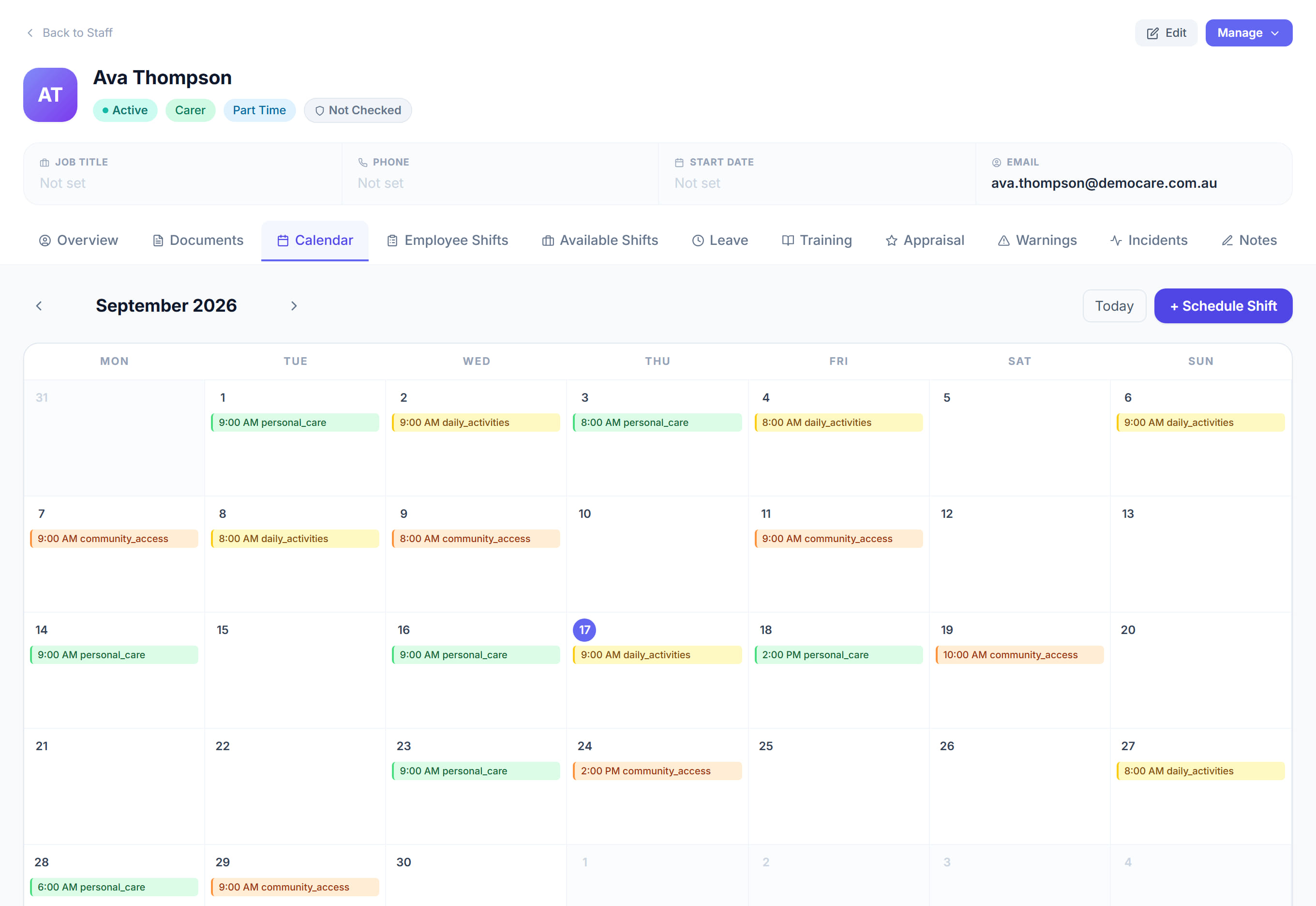 Staff Calendar in Rostery