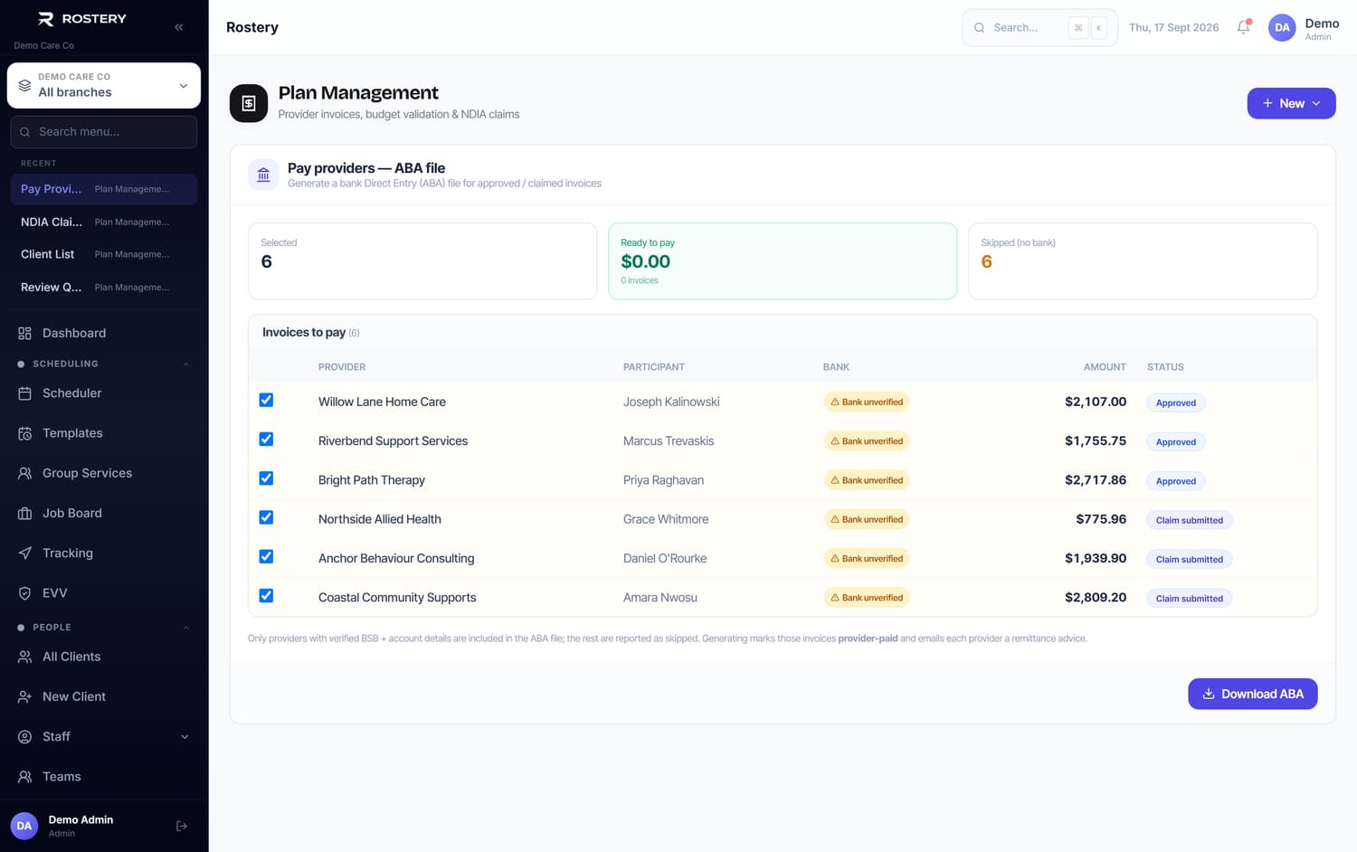 Provider Payments in Rostery