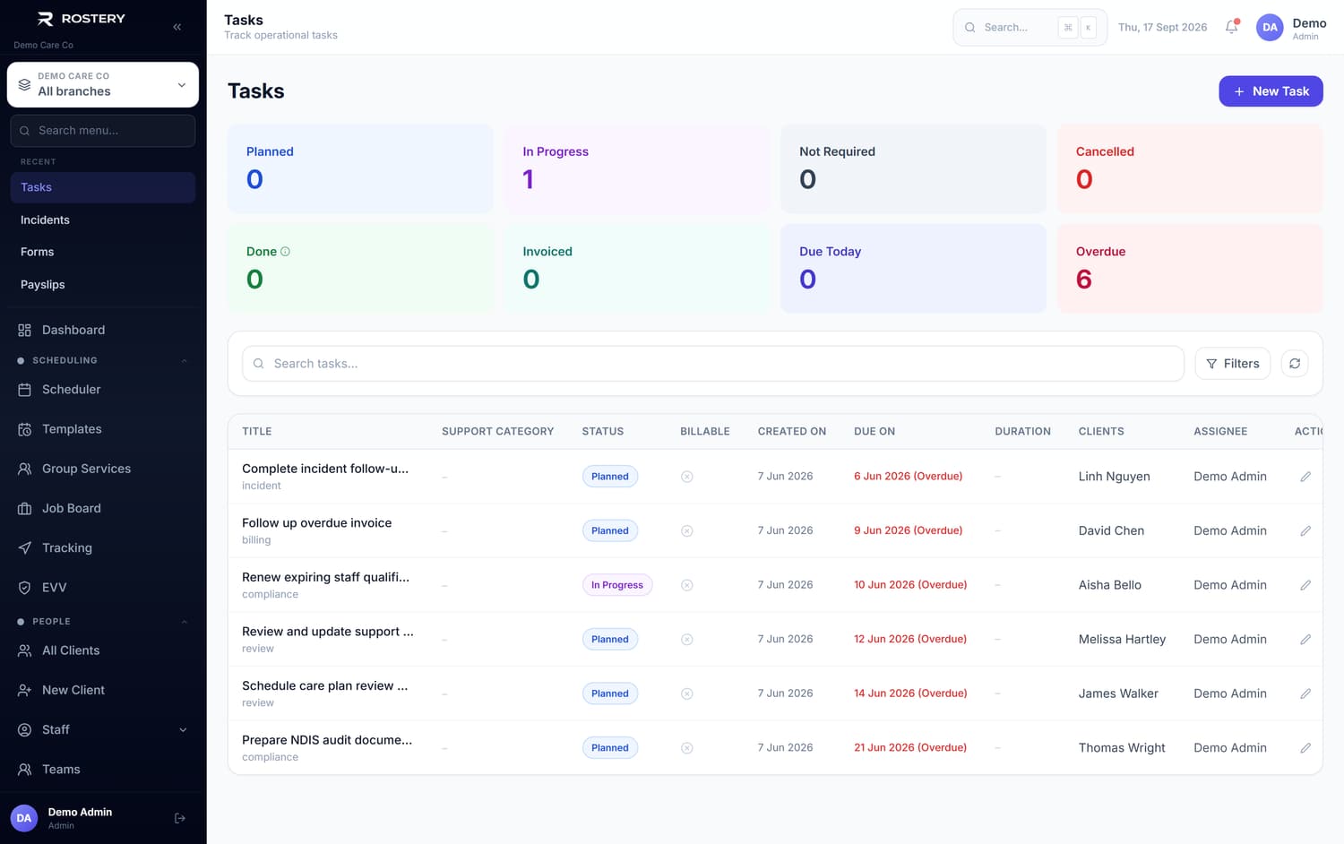 Tasks in Rostery